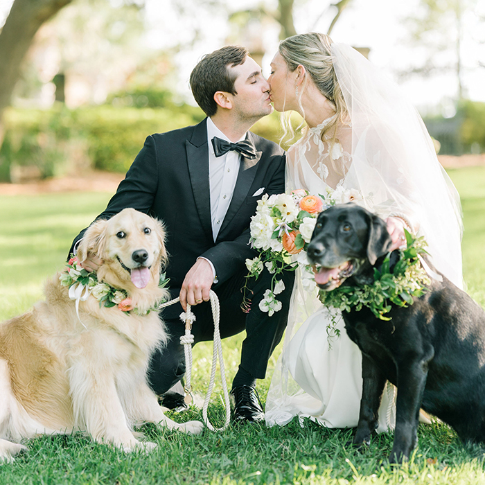 Bride and groom with their two dogs at the ceremony